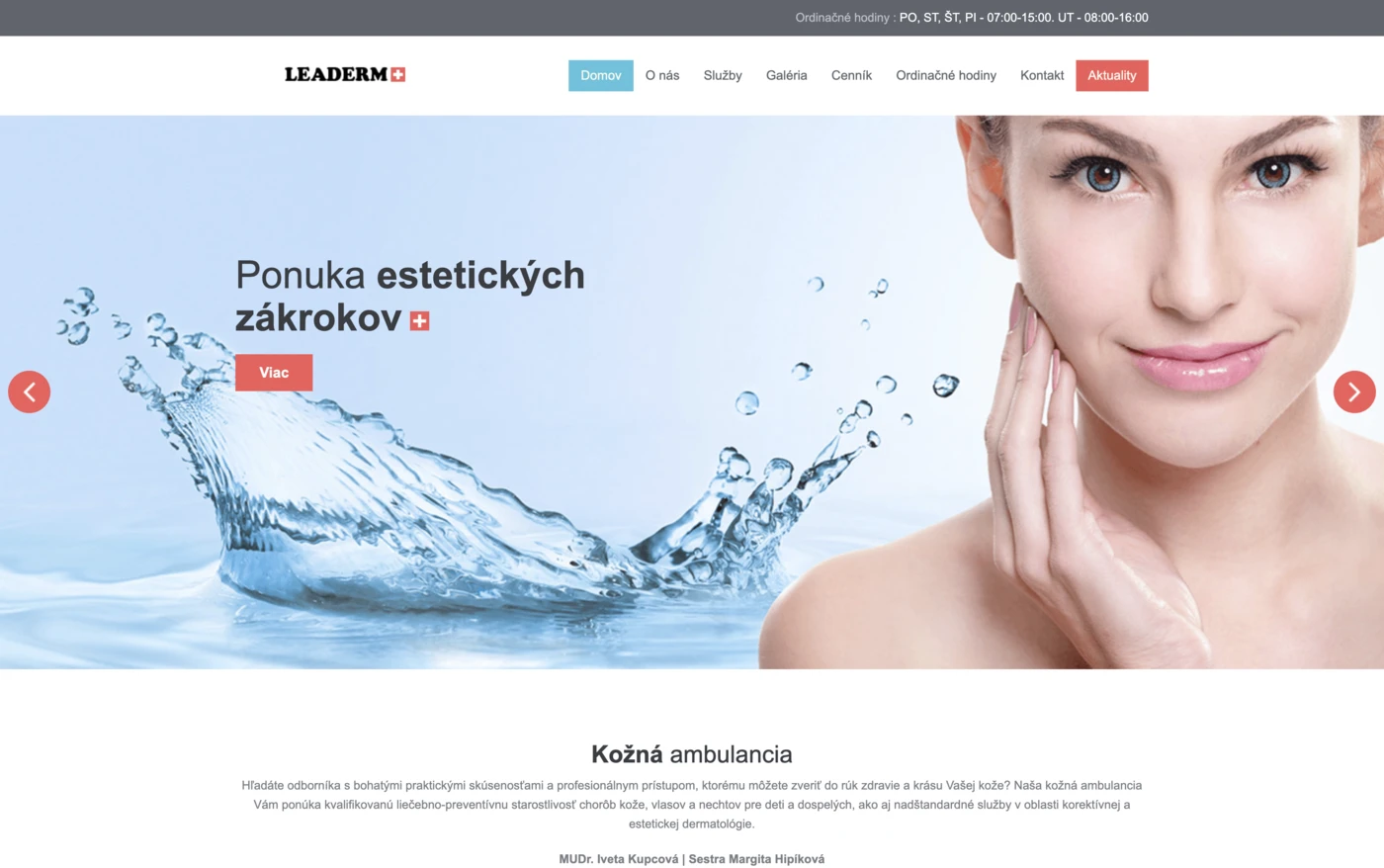 Pôvodný web Leaderm: slider so stockovou fotkou modelky a vodou, menu s farebnými tlačidlami