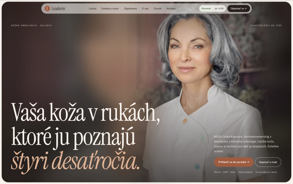 Úvodná stránka webu kožnej ambulancie Leaderm v Galante