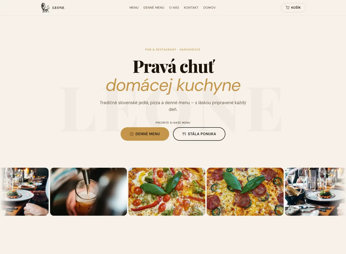 Úvodná stránka webu reštaurácie Leone Pub & Restaurant v Harichovciach
