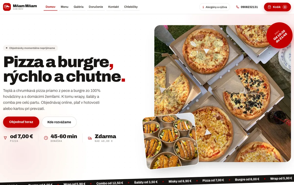 Úvodná stránka webu donášky pizze a burgrov Mňam Mňam Sabinov